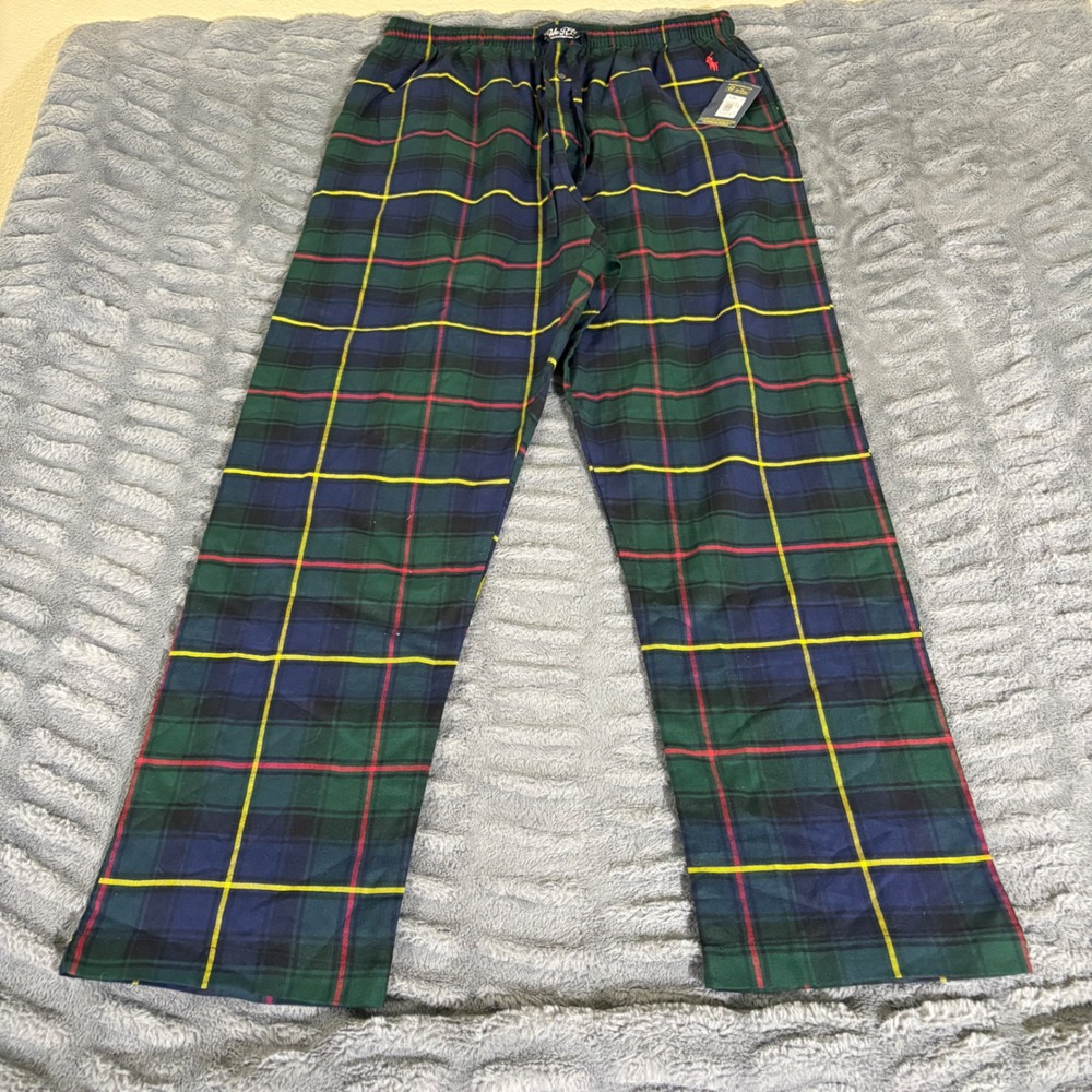 Polo Ralph Lauren Mens Green Blue Tartan Plaid Pajama Pants L P005HR NEW